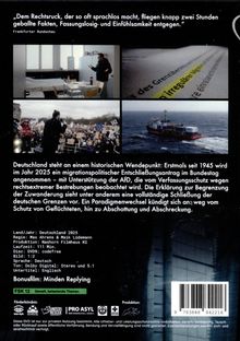 Oben: Zitat der "Frankfurter Rundschau". Unten: Deutschland 2025, migrationspolitischer Wendepunkt beschrieben. Darunter: DVD Infos.