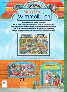 Titel: "Mein Haus Wimmelbuch". Beschreibt ein farbenfrohes, detailreiches Wimmelhaus zum Entdecken.