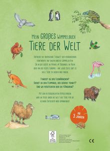 Text: "Mein großes Wimmelbuch: Tiere der Welt. Ab 3 Jahren." Verschiedene Tiere sind illustriert, wie ein Chamäleon und ein Känguru.