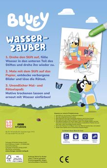 Blauer Himmel, "BLUEY WASSERZAUBER". Anweisungen für einen Wasserstift. Illustration von Bluey, einem blauen Hund. Icons ab 3+.