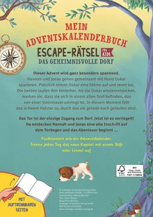 "MEIN ADVENTSKALENDERBUCH: ESCAPE-RÄTSEL FÜR KIDS, DAS GEHEIMNISVOLLE DORF. Dieser Advent wird ganz besonders spannend." Oben ein Baum und unten ein Hund.