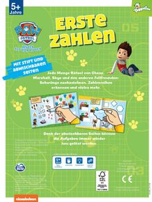 Text: „Erste Zahlen“, „Mit Stift und abwischbaren Seiten“, „Jede Menge Rätsel...“. Illustriert mit Paw Patrol-Motiv und Kind.