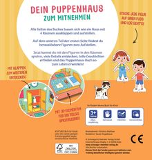 Text: "DEIN PUPPENHAUS ZUM MITNEHMEN", "Mit 3D-Elementen für ein tolles Spielerlebnis!", "Mit Klappen zum weiteren Entdecken." Illustration: Figuren, Hund, Räume. Ab 3 Jahren.