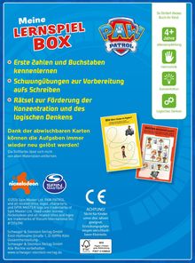 **Texte:**

- "Meine LERNSPIEL BOX"
- "Erste Zahlen und Buchstaben kennenlernen."
- "Schwungübungen zur Vorbereitung aufs Schreiben."
- "Rätsel zur Förderung der Konzentration und des logischen Denkens."

**Beschreibung:**

Bunte Box mit kindergerechtem Design und Logo. Enthält didaktische Karten. Empfehlung für 4+ Jahre.