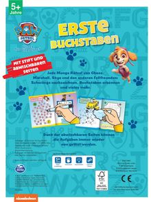 Text: "Erste Buchstaben", "Mit Stift und abwischbaren Seiten", "Rätsel von Chase, Marshall, Skye". Illustration eines Hundes.