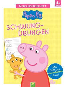 "Mein Lernspielheft" oben, "Schwungübungen" zentral, "Mit Stift und abwischbaren Seiten" auf blauem Kreis. Peppa Wutz hält ein Kuscheltier.
