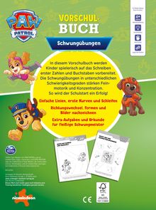"VORSCHULBUCH Schwungübungen" steht oben. Text beschreibt Übungen zur Förderung von Feinmotorik und Konzentration. Bunte Figuren.