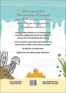Zitat über Reisen, Beschreibung eines Malbuchs mit einem Brillenwurm am Meer. Illustration mit Quallen und Algen.