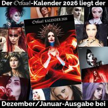 „Der Orkus!-Kalender 2026 liegt der Dezember/Januar-Ausgabe bei.“ Im Zentrum eine Frau mit Krone in mystischer Pose.