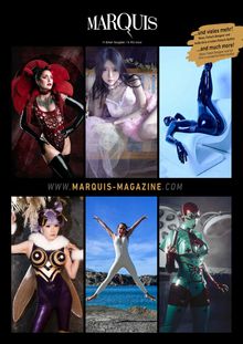 Text: "MARQUIS", "www.marquis-magazine.com", "...und vieles mehr!", "...and much more!" Darunter sechs Fotos mit fantasievollen Outfits.