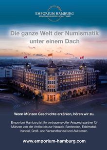 Emporium Hamburg, Münzhandelsgesellschaft. "Die ganze Welt der Numismatik unter einem Dach." Gebäude bei Sonnenuntergang, firmeneigene Beschriftung.
