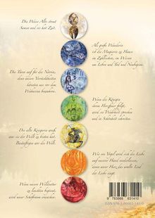 Vertikale Reihe bunter Kreise. Texte beschreiben mystische Themen: Wasser, Magier, Könige, Wächter. Ein Barcode am unteren Rand.