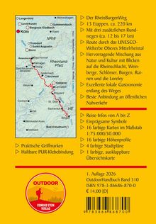 "Der RheinBurgenWeg, 13 Etappen, ca. 220 km. Hervorragende Mischung aus Natur und Kultur. Exzellente Gastronomie."  
Links: Kartenabbildung, unten: Outdoor-Logo.