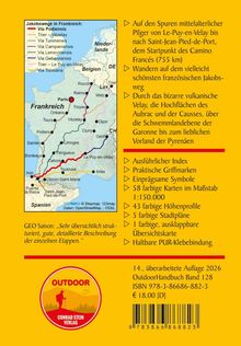 Text beschreibt eine Wanderroute in Frankreich mit Karten, Höhenprofilen und Stadplänen. Logo unten links. Gelber Hintergrund.