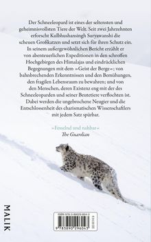 Text über Schneeleoparden und einen Wissenschaftler. Unten ein Bild eines Schneeleoparden in winterlicher Landschaft.