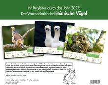 Der Text beschreibt einen Wochenkalender 2027 über heimische Vögel mit beeindruckenden Fotos und Vogelporträts.