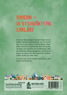 "Bayern – In Stichwörtern erklärt". Begriffe und Sehenswürdigkeiten aus Bayern illustriert auf grünem Hintergrund.