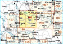 Karte der Region um Göttingen mit den Zahlen 137, 128, 264, 250. Städte: Einbeck, Wernigerode, Nordhausen, Kassel.