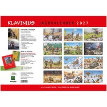 Text: "KLAVINIUS JAGDKALENDER 2027." Darunter sind humorvolle Illustrationen von Jagdszenen im Comicstil.