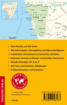 Text: "Ganz Namibia auf 420 Seiten" und weitere Details. Karte von Namibia mit Umgebung. Links Karte von Afrika. Logo unten links.