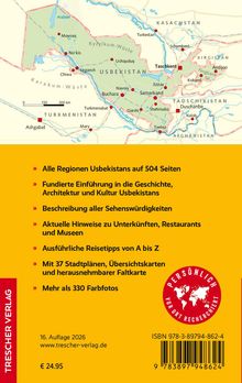 Text: Informationen über Usbekistan in einem Reiseführer. Oben ist eine gezeichnete Landkarte Zentralasiens.