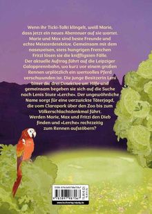 Text: Wenn ihr Ticki-Talki klingelt, weiß Marie... zum Rennen aufstöbern?

Eine Illustration: Papagei auf Baum vor lila Himmel.