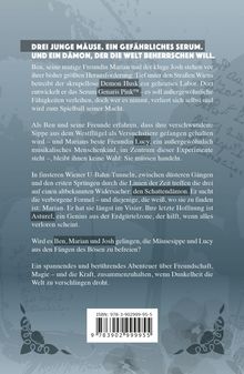 DREI JUNGE MÄUSE. EIN GEFÄHRLICHES SERUM. UND EIN DÄMON, DER DIE WELT BEHERRSCHEN WILL. Text auf blauem Hintergrund.