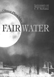 "Oliver Plaschka, FAIR WATER, Sonderausgabe mit Illustrationen von C. F. Srebalus", Mond über Stadtbild, düstere Stimmung.