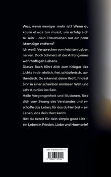 Ein Text ermutigt zu einem einfachen Leben in Frieden, Liebe und Harmonie. ISBN-Nummer auf hellem Hintergrund.