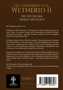 „Die Chroniken von Wetherid II: Die Hüter der Sieben Artefakte.“ Ein fantasievoll gestaltetes Cover mit einem Logo.