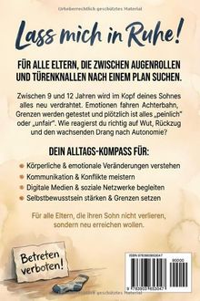 "Lass mich in Ruhe!" Großer Text für Eltern. Rat für Umgang mit Jungs im Alter zwischen 9-12. "Betreten verboten!" auf Schild.