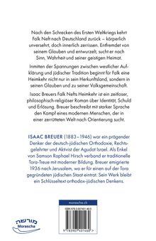 Ein Text über den Roman "Falk Nefts Heimkehr" von Isaac Breuer, der Themen wie Identität, Schuld und Erlösung behandelt. Rechts unten ein blaues Logo mit hebräischen Buchstaben und "Morascha". Darunter steht "morasha.ch".