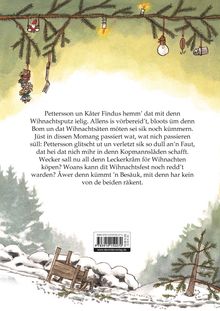 Oben hängen Tannenäste mit Lichtern und Dekoration. Unten ist ein umgefallener Schlitten auf Schnee.