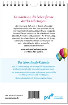 "Lass dich von der Lebensfreude durchs Jahr tragen!" Einladung zu Inspiration und Motivation im Lebensfreude-Kalender. Links sind bunte Heißluftballons. Unten befindet sich ein blaues Logo.