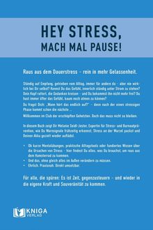 HEY STRESS, MACH MAL PAUSE! Text auf blauem Hintergrund. Logo unten links: Buch mit offener Seite und Stern.
