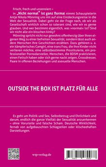 Text oben: "Frisch, frech und unzensiert – in 'Nicht normal' ist ganz normal..."
Mittig: "OUTSIDE THE BOX IST PLATZ FÜR ALLE"
Links unten ein QR-Code.