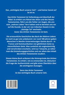 Ein blauer Hintergrund mit Text: Das "wichtigste Buch unserer Zeit" sei das 'Dritte Testament', geschrieben von Gott, und erläutert Hintergründe und Aussagen des Glaubens. Unten Barcode und DAMCA-Logo.