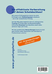 **Texte:** Die effektivste Vorbereitung auf deinen Schulabschluss! inkl. Originalprüfungen 2024 bis 2026. www.pruefungshefte.de  
**Beschreibung:** Ein orangefarbenes Etikett auf einem blauen Hintergrund.
