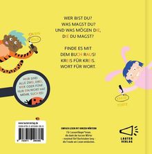 "WER BIST DU? WAS MAGST DU? UND WAS MÖGEN DIE, DIE DU MAGST?" Oben sind bunte Figuren, eine mit "ICH BIN WILD" und "KEKSE TORTE".