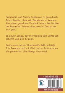 Text über Kinder, die im Garten spielen und von einem Baumtroll beobachtet werden, Freundschaft mit einer Blumennelfe.
