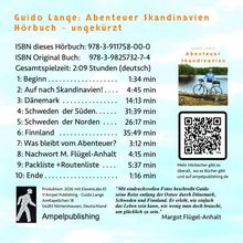 Titel: "Abenteuer Skandinavien". Hörbuchinfos und Kapitelliste mit Zeiten. Zitat von Margot Flügel-Anhalt. QR-Code und kleines Buchcover.
