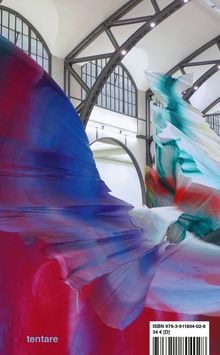 "tentare" in hellem Blau. Ein Raum mit bunten, fließenden Farben, roter und blauer Bereich links, grüne Farbtöne rechts.