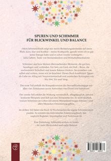 „SPUREN UND SCHIMMER FÜR BLICKWINKEL UND BALANCE“, gefolgt von Zitaten und Erläuterungen zu Schimmer, Sternenkindern. Buntes Sternenmuster oben und unten.