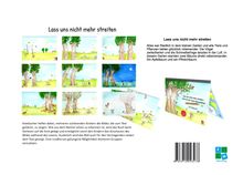 "Lass uns nicht mehr streiten" steht oben. Darunter Illustrationen von Bäumen, Tieren und Natur. Ein Kneifbuch wird gezeigt.