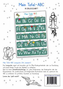 Oben: "Mein Tafel-ABC IN DRUCKSCHRIFT". Unten: "Lernen das Spaß macht!". Ein Alphabet-Poster mit Illustrationen.