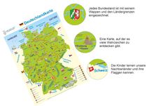 Deutschlandkarte mit Bundesländern und Wappen. Sehenswürdigkeiten erkunden. Kinder lernen Nachbarländer und Flaggen.