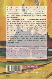 Text über die Kurische Nehrung, künstlerische Kolonie, Liebe und Verlust. Unten Preisangabe, ISBN und „SCHOLASTIKA“.