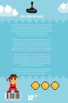 "DREI LEBEN FÜR GAMES" oben, darunter ein Joystick. Unten ein Pixel-Charakter und drei Münzen. Retro-Computerspiel-Stil.