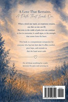 Text: „A Love That Remains. A Path That Leads On.“ Buchbeschreibung über Verlustbewältigung. Hintergrund: Naturillustration in Blau und Orange.