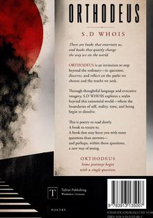 "ORTHODEUS" von S.D WHOIS, Einladung über das Gewöhnliche hinaus. Poetisch, nachdenklich, neue Sichtweise. Links rote und schwarze abstrakte Grafik. Rechts ist Text mit Beschreibung und Verlagshinweis.